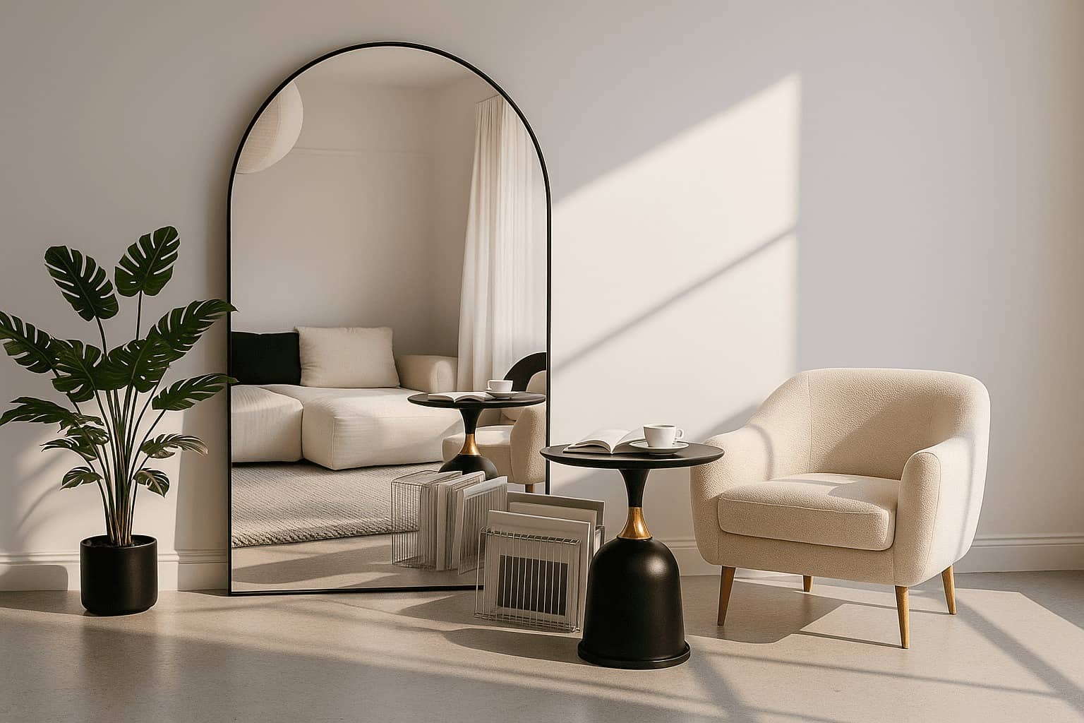 Modern Dubai living room with arched wall mirror — Homecene